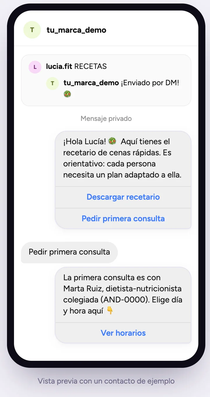 Conversación de ejemplo: alguien comenta RECETAS, recibe por mensaje un recetario orientativo y la opción de reservar una primera consulta con una dietista-nutricionista colegiada
