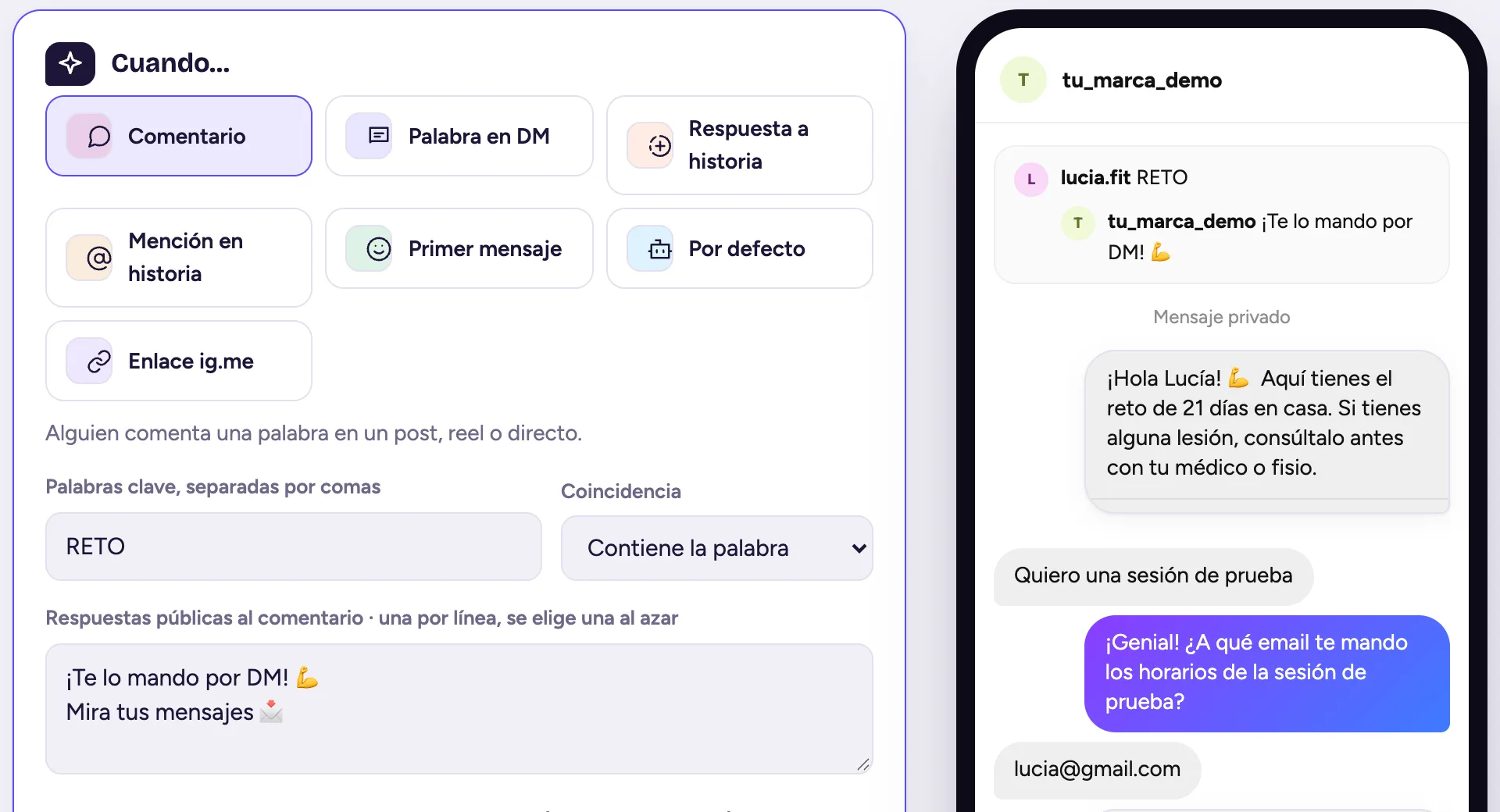 Editor de una automatización de comentario: palabra clave RETO, dos respuestas públicas y la vista previa del mensaje privado